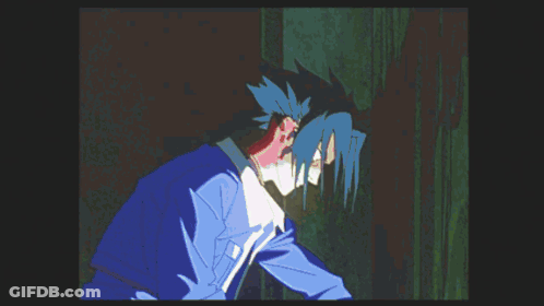 Cartoon Character With Blue Hair Holding Sword GIF