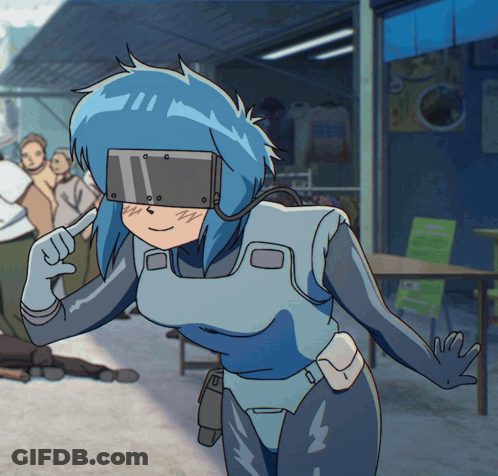 Cartoon Character With Blue Hair Wearing VR Headset GIF