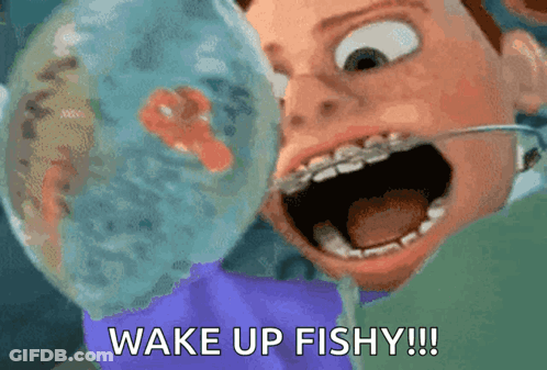 Cartoon Character With Braces Yelling Wake Up Fishy GIF