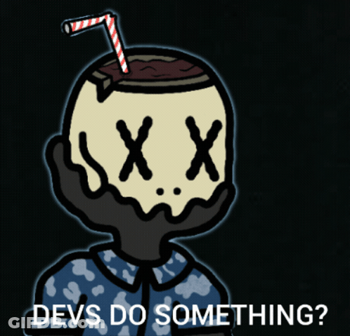 Cartoon Character With Candy Cane On Head Saying Devs Do Something GIF