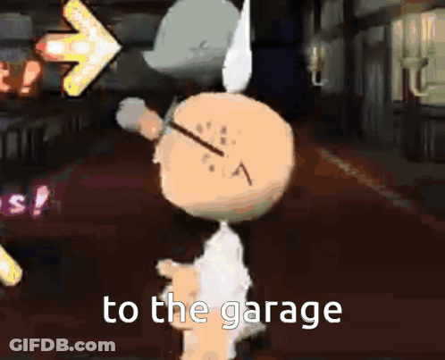 Cartoon Character With Clock On Head Saying To The Garage GIF