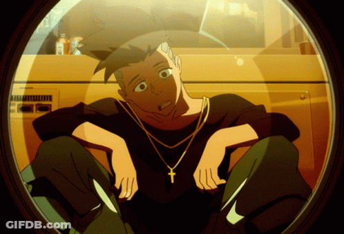 Cartoon Character With Cross Necklace Sitting In Washing Machine GIF