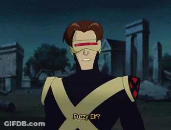 Cartoon Character With Cross Saying Fuzzy Elf GIF