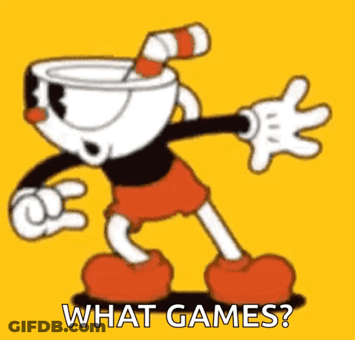 Cartoon Character With Cup On Head Saying What Games GIF