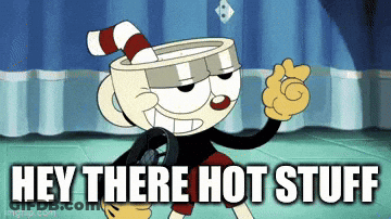 Cartoon Character With Cup On Head Says Hey There Hot Stuff GIF