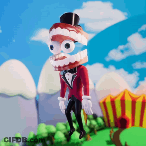 Cartoon Character With Fake Teeth And Top Hat GIF