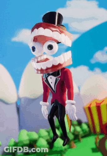 Cartoon Character With Fake Teeth On Head In Top Hat GIF