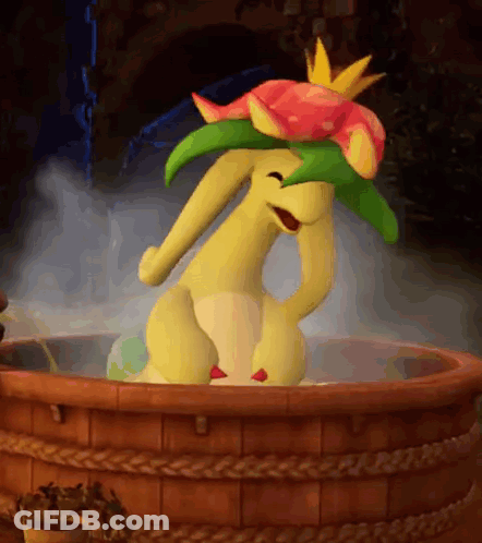 Cartoon Character With Flower On Head In Bathtub GIF