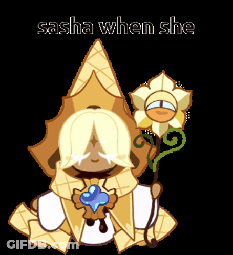Cartoon Character With Flower Saying Sasha When She GIF
