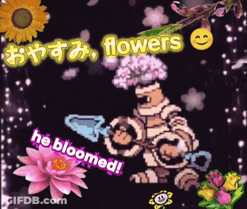 Cartoon Character With Flowers On Head Saying He Bloomed GIF