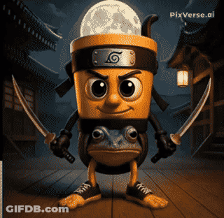 Cartoon Character With Frog On Back Holding Two Swords GIF