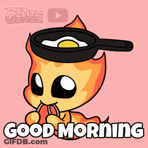 Cartoon Character With Frying Pan On Head And Words Good Morning GIF