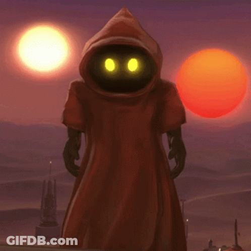 Cartoon Character With Glowing Eyes In Front Of Orange Sun GIF