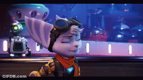 Cartoon Character With Goggles And Scarf Standing In Front Of Robot GIF