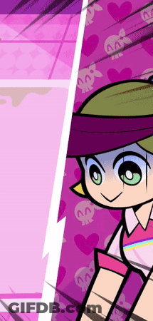 Cartoon Character With Green Eyes And Purple Hat With Skulls And Hearts GIF