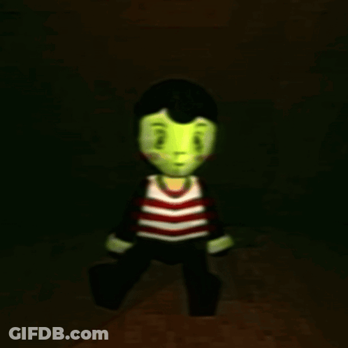 Cartoon Character With Green Face And Striped Shirt In Dark Room GIF
