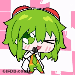 Cartoon Character With Green Hair And Red Hat Holding Microphone GIF