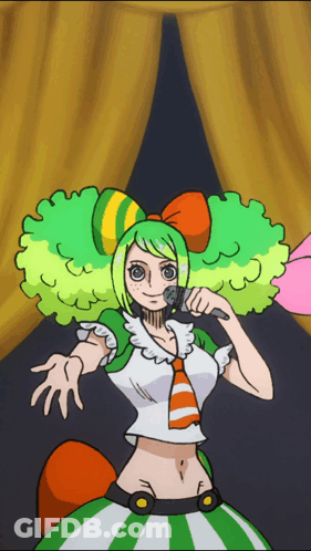 Cartoon Character With Green Hair Singing Into Microphone GIF