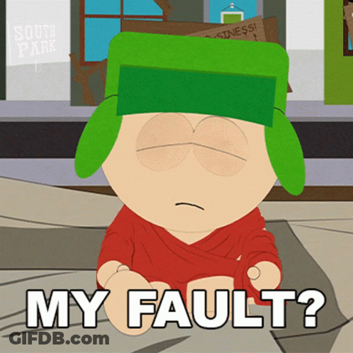 Cartoon Character With Green Hat Saying My Fault GIF