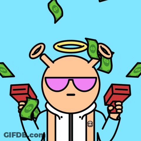 Cartoon Character With Halo Holding Gun With Dollar Bill GIF