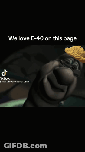 Cartoon Character With Hat And Glasses Says We Love E-40 GIF