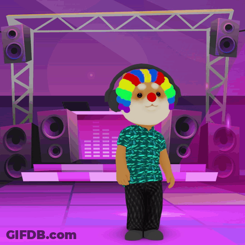 Cartoon Character With Headphones And Clown Wig On Stage GIF