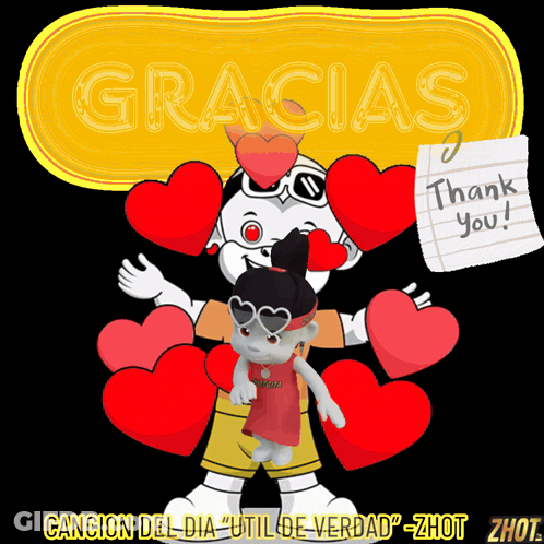 Cartoon Character With Hearts And Thank You Note GIF