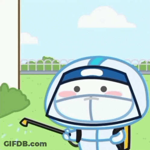 Cartoon Character With Helmet Holding Sprayer GIF