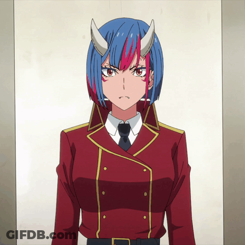 Cartoon Character With Horns And Blue Red Hair GIF