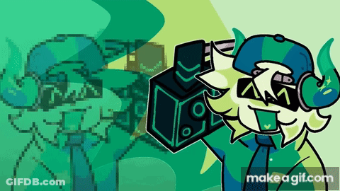 Cartoon Character With Horns And Headphones Holding Speaker GIF