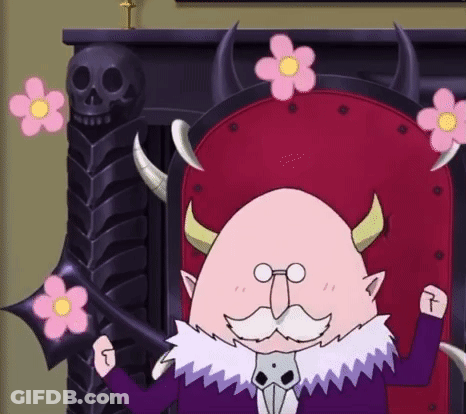 Cartoon Character With Horns And Mustache Sitting In Chair With Pink Flowers GIF