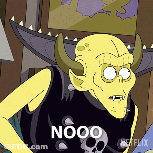 Cartoon Character With Horns And Shirt Saying Nooo GIF