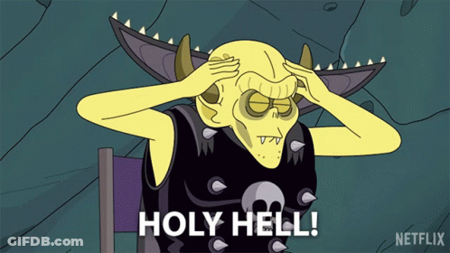 Cartoon Character With Horns And Skull On Chest Says Holy Hell GIF