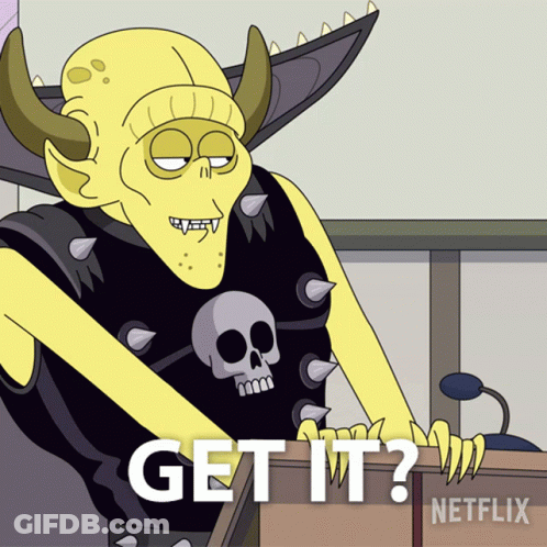 Cartoon Character With Horns And Skull On Shirt Says Get It GIF