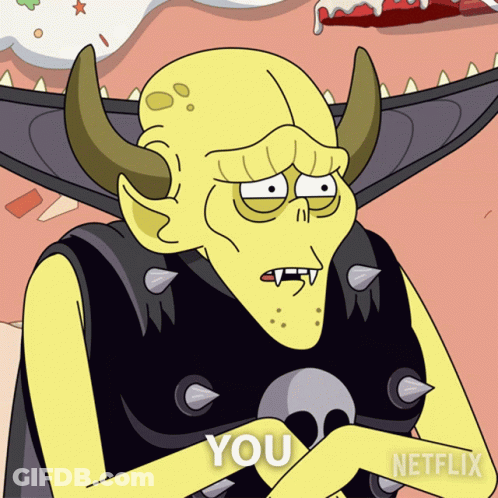 Cartoon Character With Horns And Skull Says You GIF