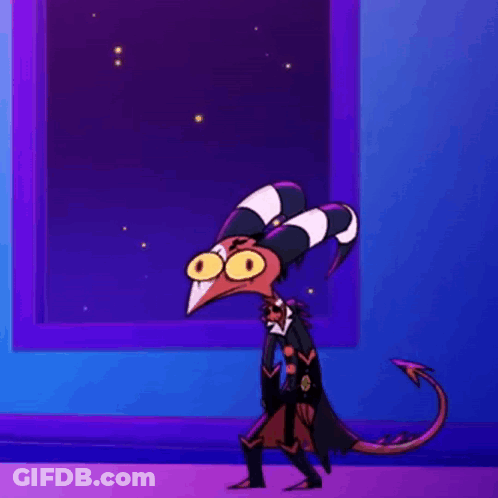 Cartoon Character With Horns And Tail Next To Window GIF