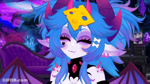 Cartoon Character With Horns And Wings And Cheese On Head GIF