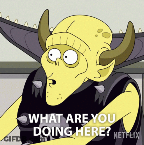 Cartoon Character With Horns Asking What Are You Doing Here GIF