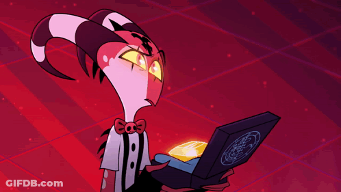 Cartoon Character With Horns Holding Laptop Says What GIF