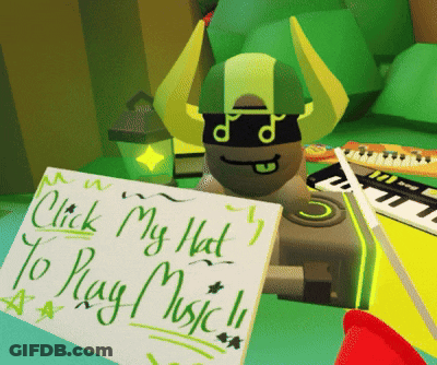 Cartoon Character With Horns Holding Sign Saying Click My Hat To Play Music GIF
