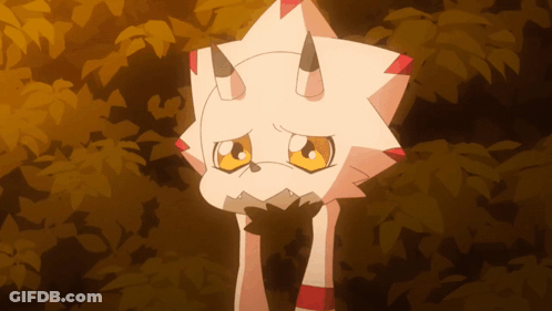Cartoon Character With Horns In Front Of Leaves GIF