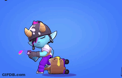 Cartoon Character With Horns Next To Brown Suitcase GIF