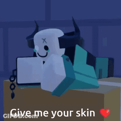 Cartoon Character With Horns Sitting On Box Saying Give Me Your Skin GIF