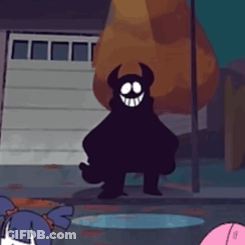 Cartoon Character With Horns Smiling In Front Of Garage Door GIF
