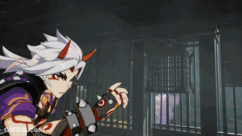 Cartoon Character With Horns Standing In Dark Room With Bars GIF