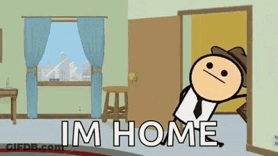 Cartoon Character With Im Home On Floor GIF