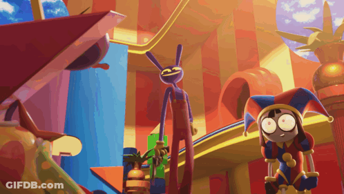 Cartoon Character With Jester Hat Standing Next To Rabbit GIF