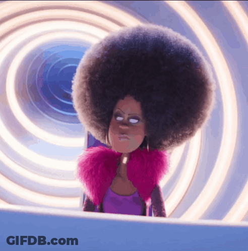 Cartoon Character With Large Afro And Pink Fur Coat GIF
