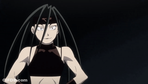 Cartoon Character With Long Black Hair And V On Forehead GIF