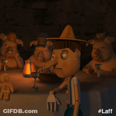 Cartoon Character With Long Nose Surrounded By Pigs GIF
